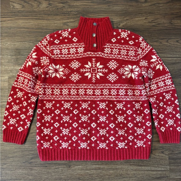 Ralph Lauren Sweaters - Vintage Ralph Lauren Hand-Knit Red and White Snowflake Sweater Cotton XL